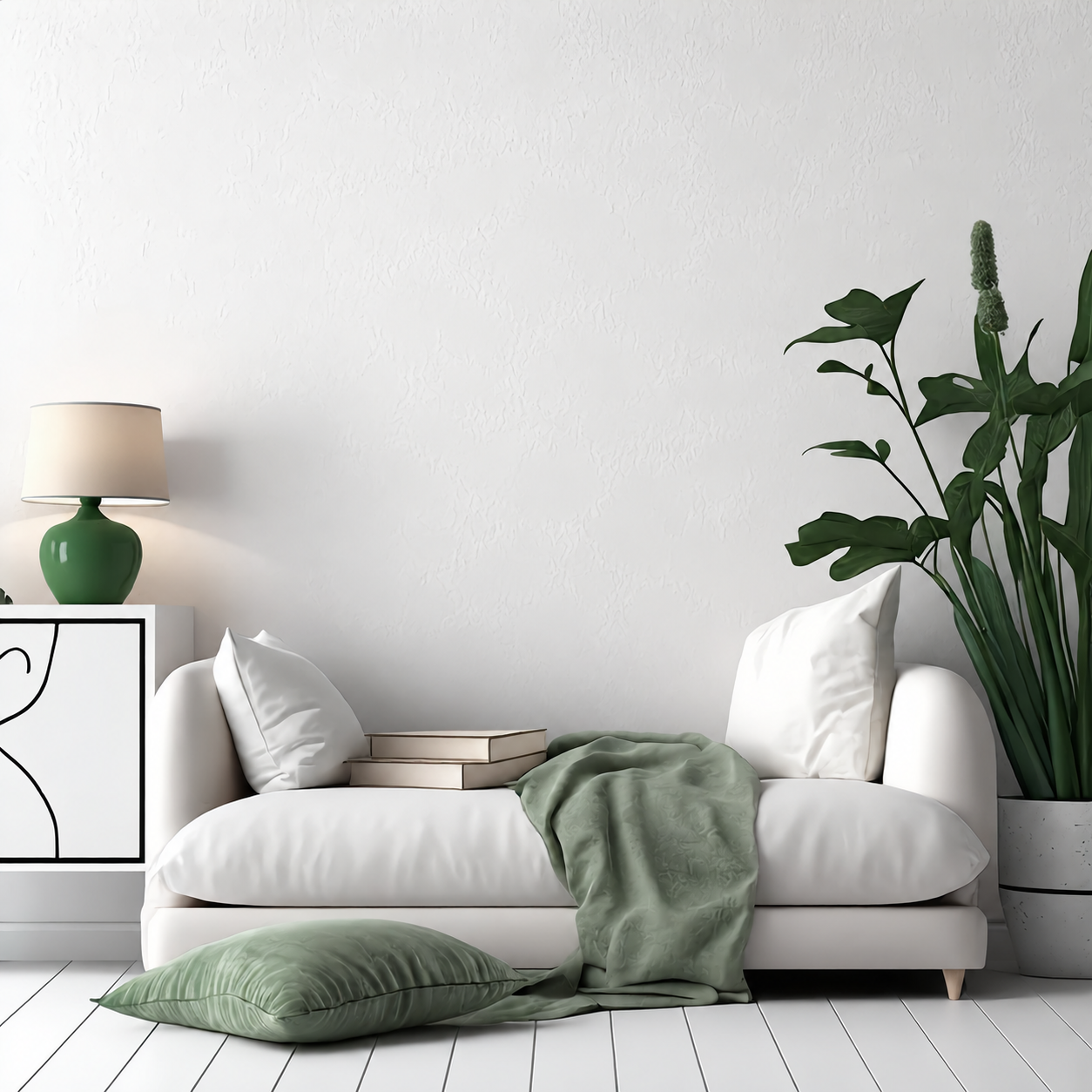 A light living room with a white sofa and a green throw